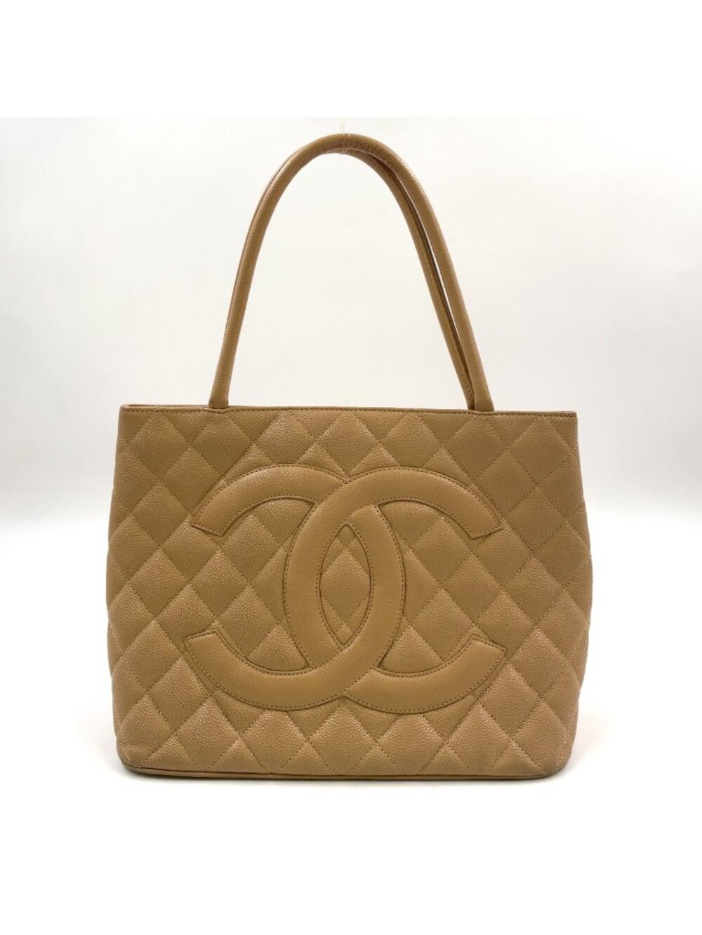 Chanel CC Logo Reprint Caviar Leather Beige Tote Bag Gold
